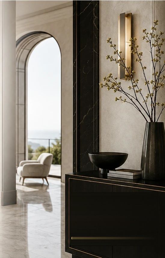 A marble hallway with an arched window, a black console and a bowl of branches