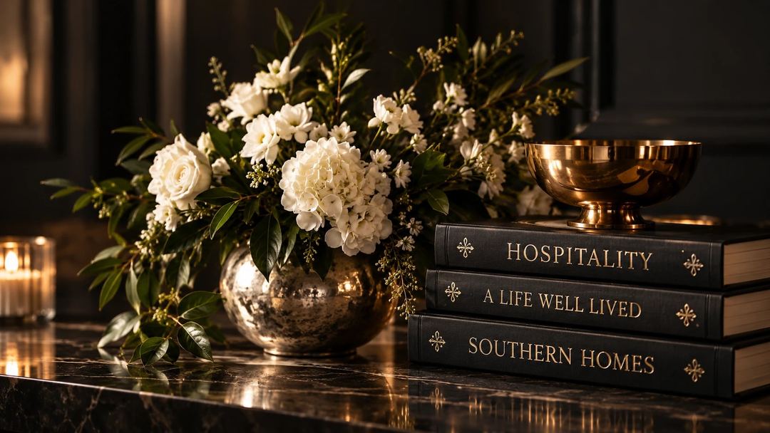 White flowers and a stack of books on a dark marble counter
