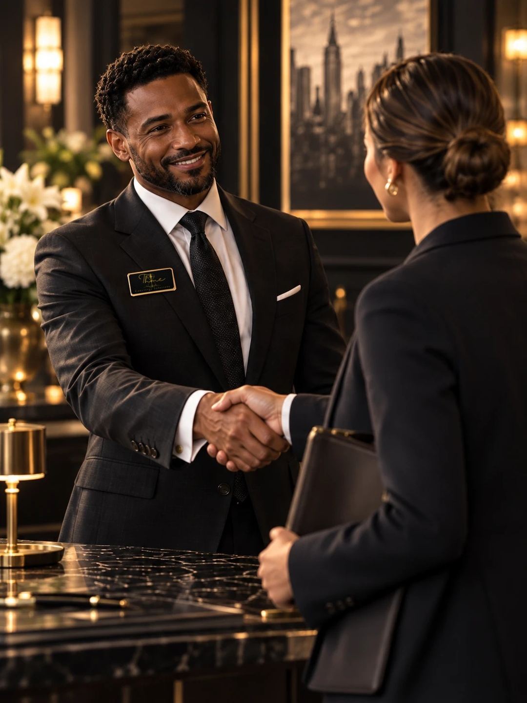A Thime concierge greeting a client at the desk