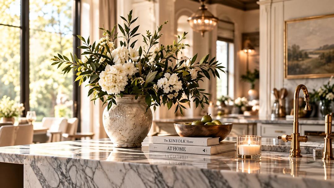 White flowers on a marble kitchen island in morning light
