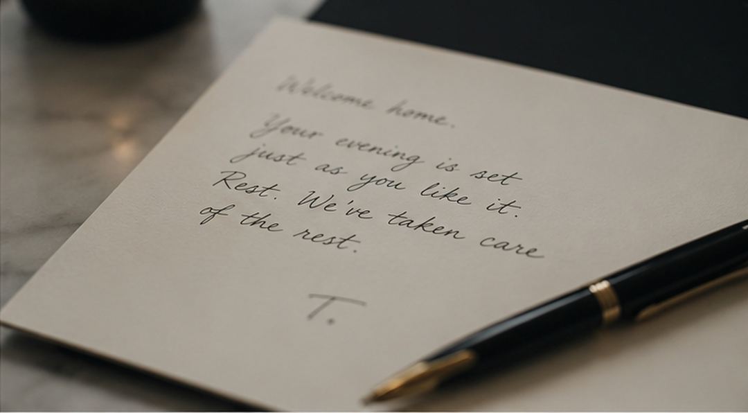 A handwritten welcome note on a marble counter, a pen beside it