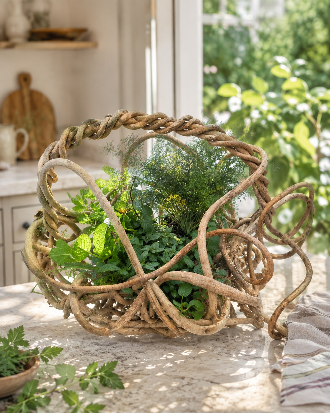 A handmade vine basket planted with mint, lemon balm and dill